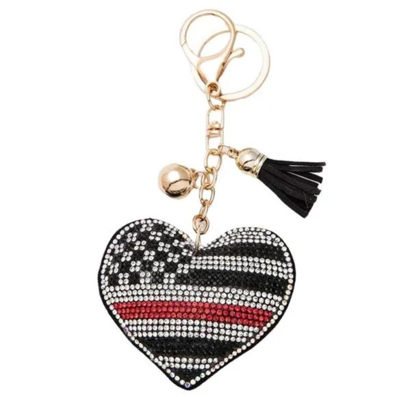 Firefighter Thin Red Line, Rhinestone Puffy Keychain - Picture 1 of 3